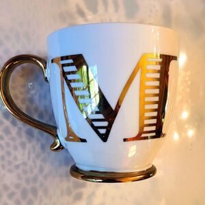 NEW Ciroa Vintage Monogram "M" Initial Porcelain Gold Accents Footed Coffee Mug